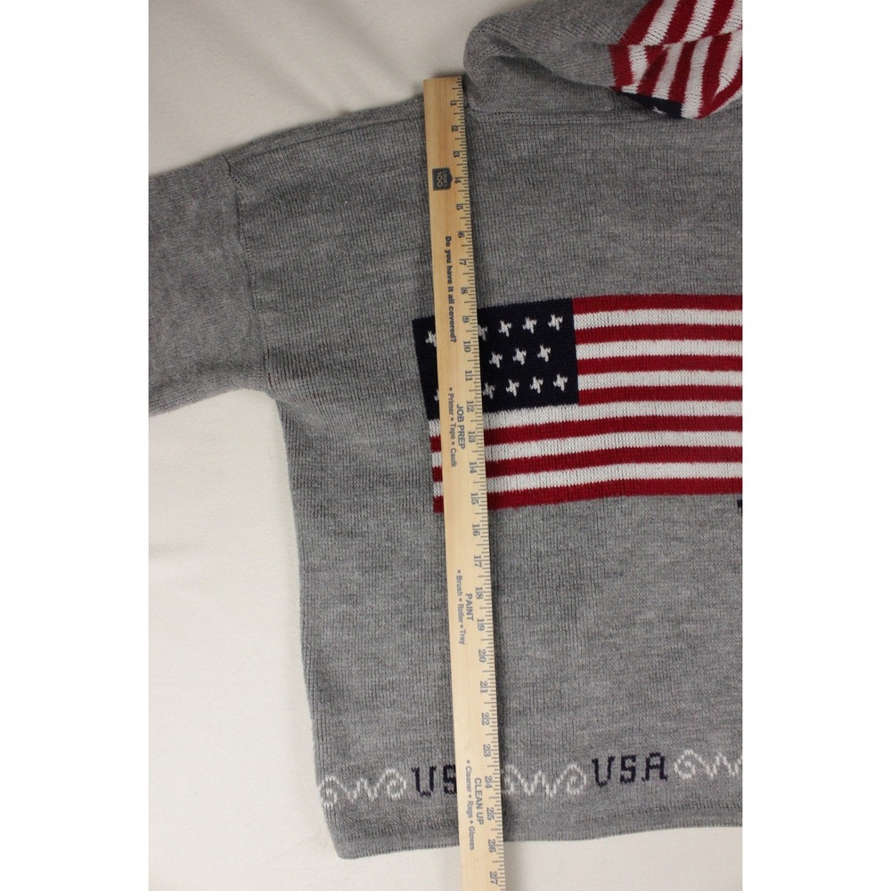 Vintage USA Flag Wool Hooded Zip Sweater Jacket Gray Patriotic Large - Picture 7 of 9